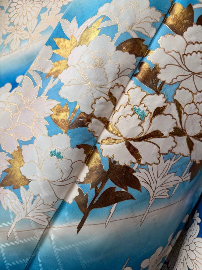 振袖フルセット アイボリー×ブルーグラデ 金箔金駒刺繍