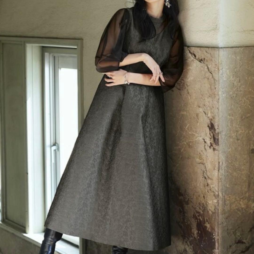 シアーランタンスリーブふくれジャカードドレス