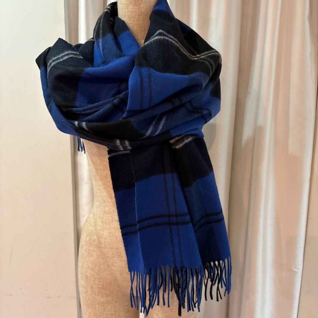 ジョンストンズカシミア大判ストール　ブルー系チェック