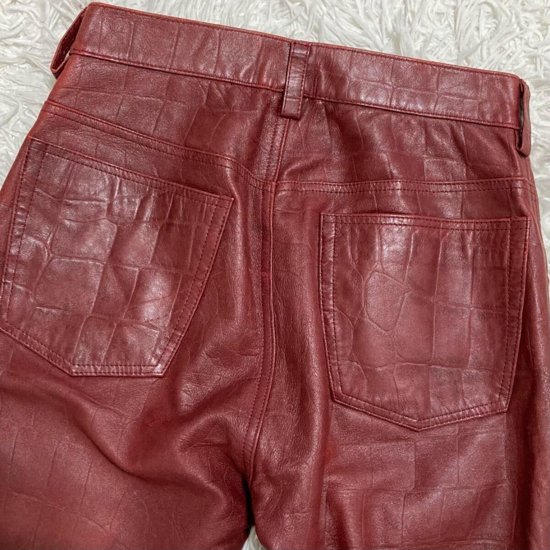 barassi ラムレザー クロコ型押し レザーパンツ ボルドー レディース M