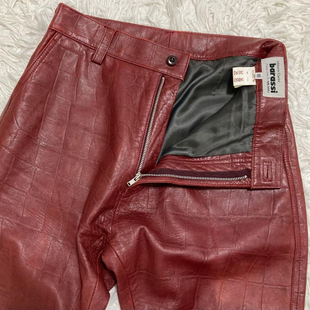 barassi ラムレザー クロコ型押し レザーパンツ ボルドー レディース M