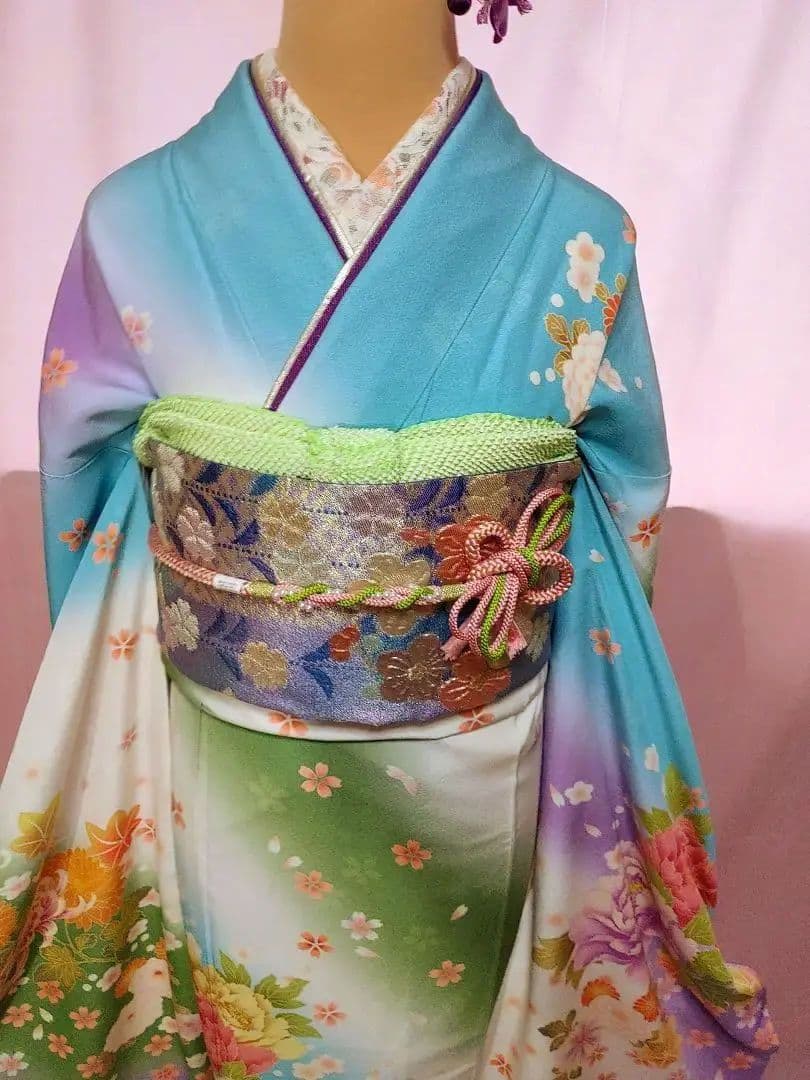 可愛い❤️振袖　袋帯　帯揚げ(2色)　帯締め　重ね襟　グラデーション　薄緑　薄紫