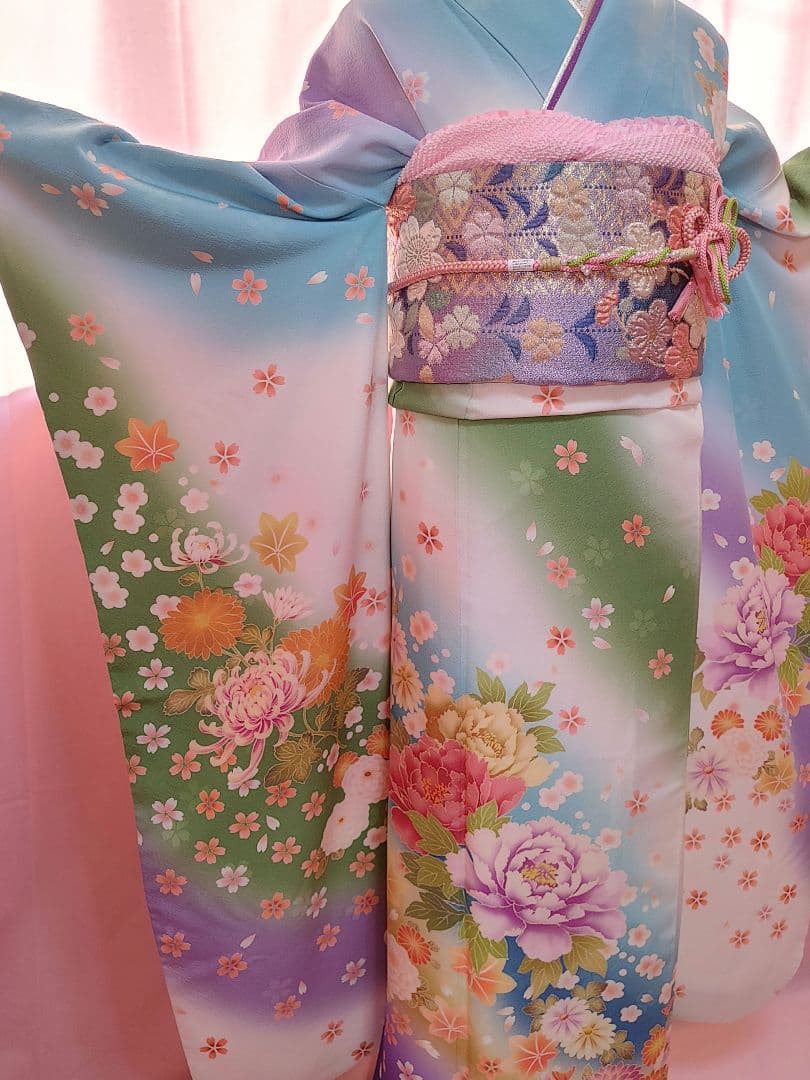 可愛い❤️振袖　袋帯　帯揚げ(2色)　帯締め　重ね襟　グラデーション　薄緑　薄紫