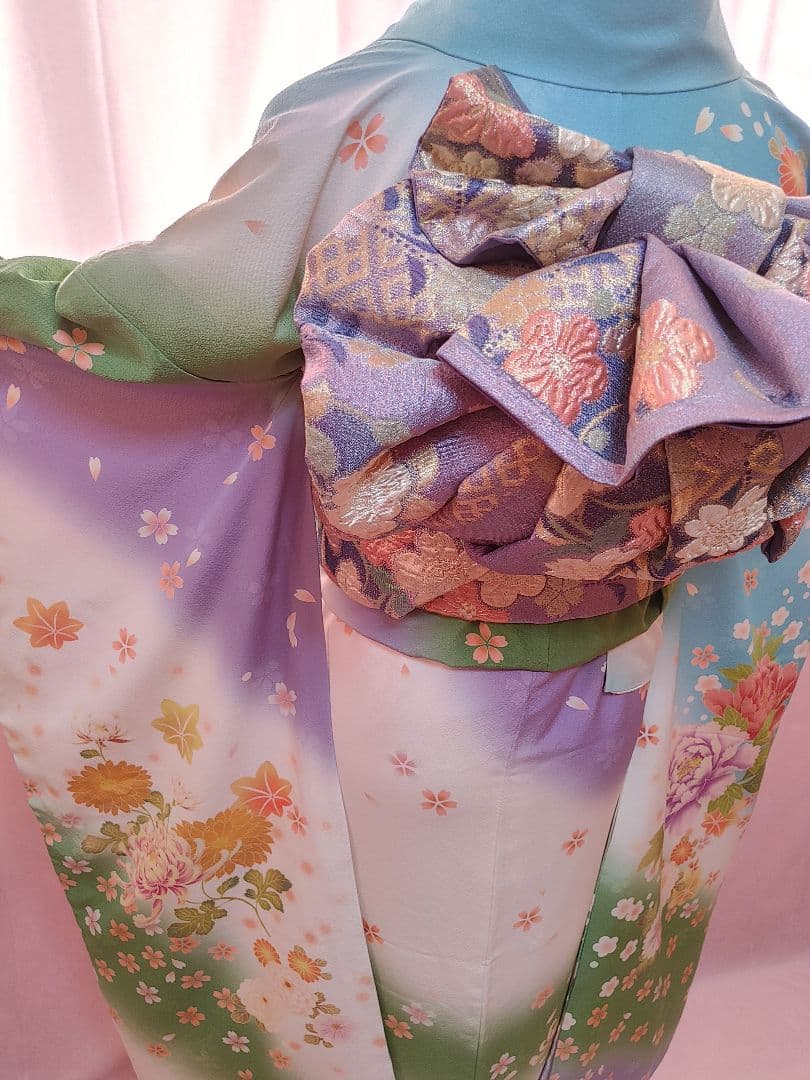 可愛い❤️振袖　袋帯　帯揚げ(2色)　帯締め　重ね襟　グラデーション　薄緑　薄紫