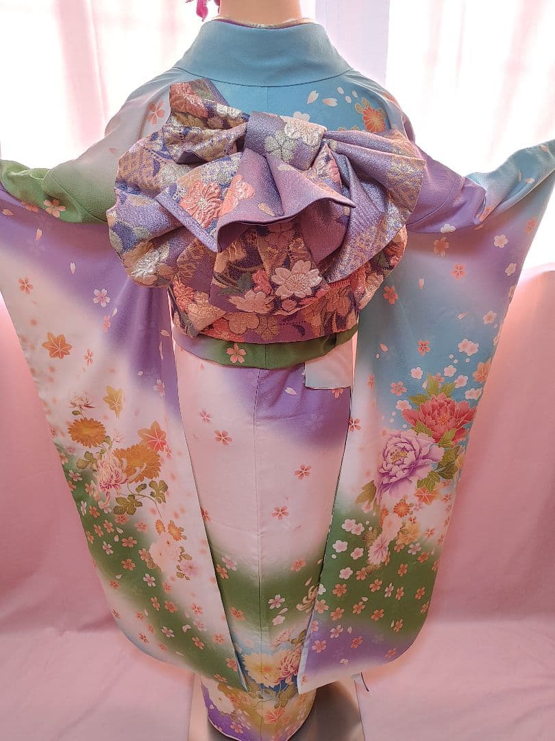 可愛い❤️振袖　袋帯　帯揚げ(2色)　帯締め　重ね襟　グラデーション　薄緑　薄紫