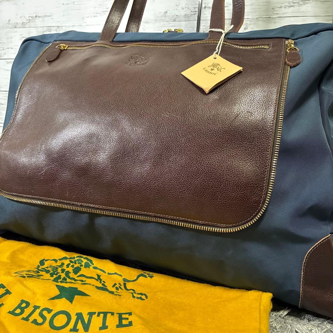 【未使用級】IL BISONTE ボストンバッグ 大容量 折りたたみ 茶×紺