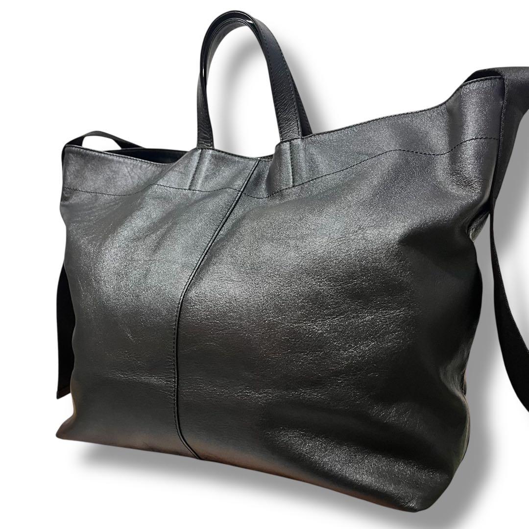 美品 イヤパピヨネ レザー 2way A4サイズ ワイドテープトートバッグ L