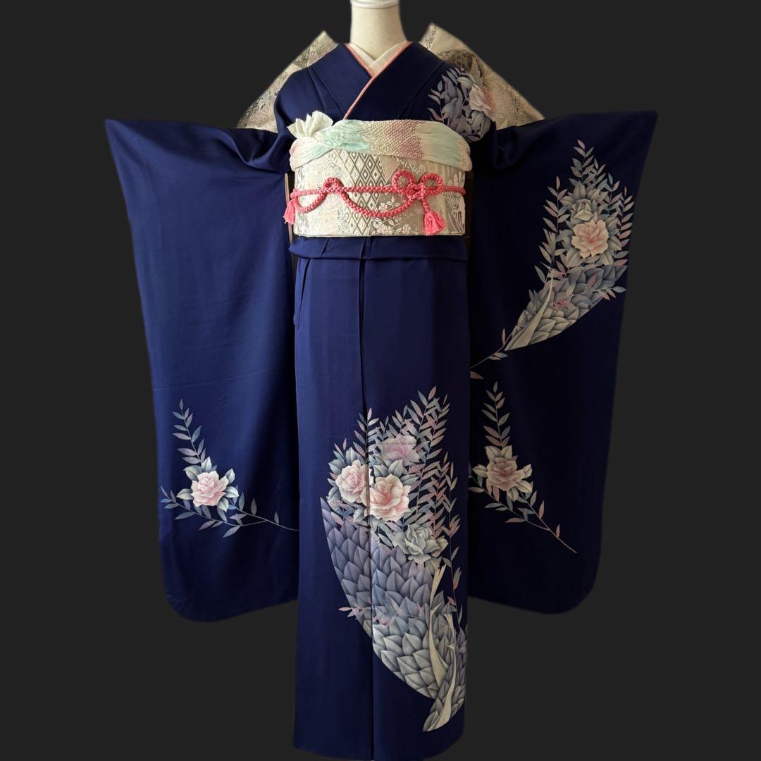 振袖フルセット　トールサイズ　正絹長襦袢つき　紺色　成人式　159〜169