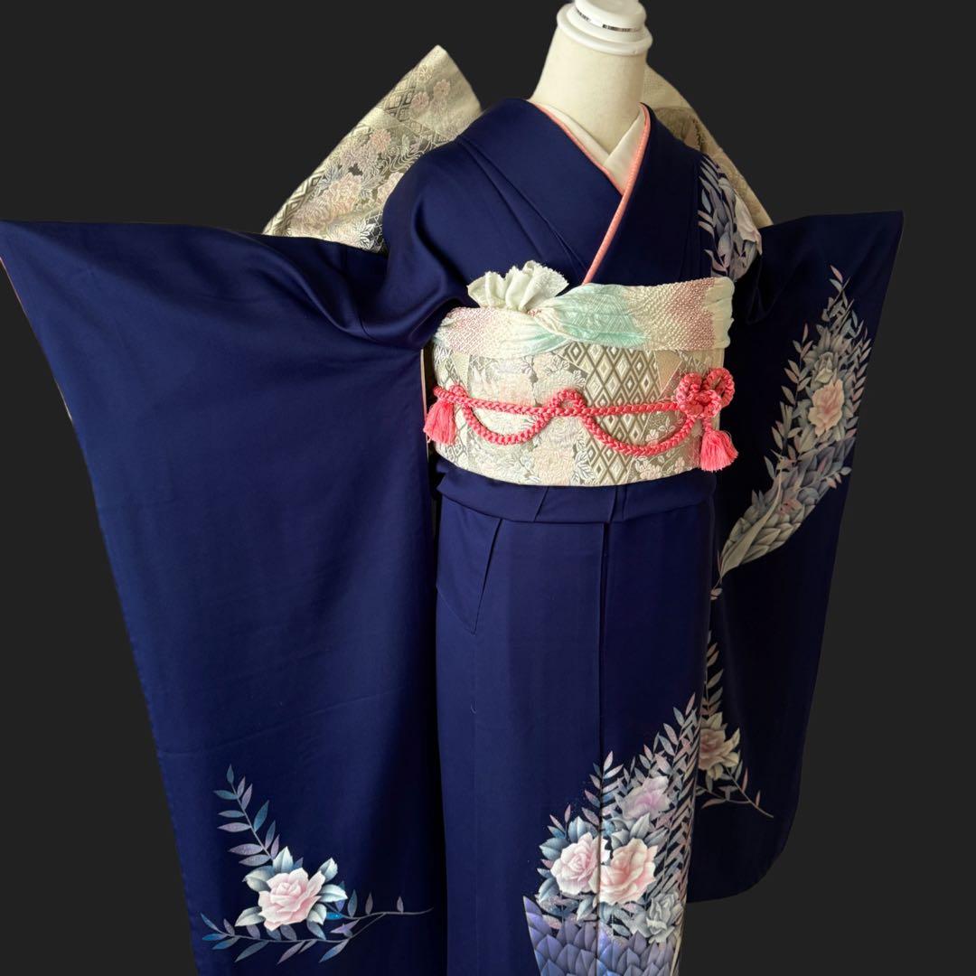 振袖フルセット　トールサイズ　正絹長襦袢つき　紺色　成人式　159〜169