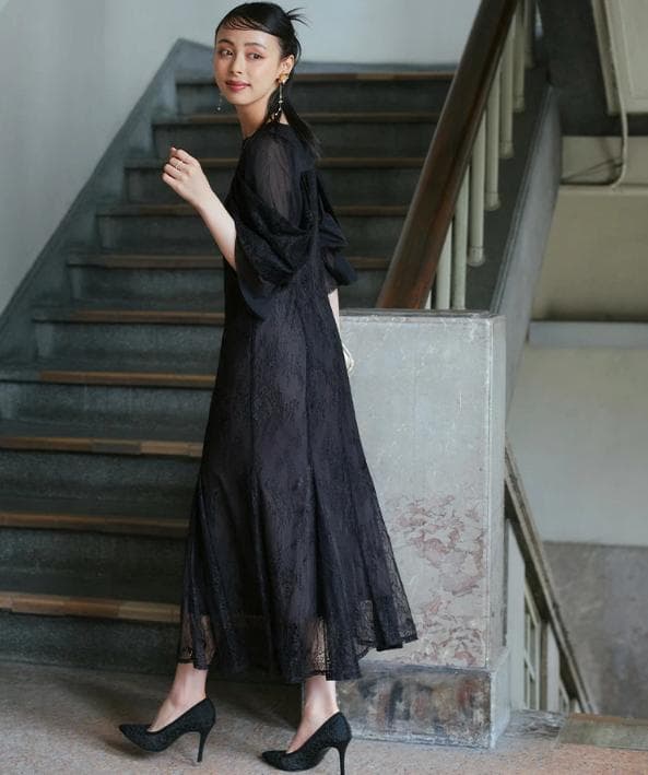 ルイルエブティック レースオフショル・マーメイドフレアワンピースドレス 黒結婚式