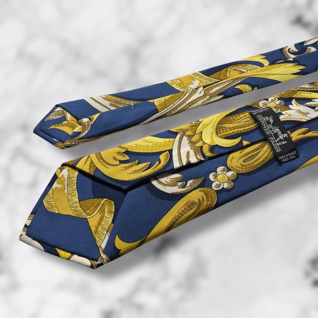 【極美品】エルメス ネクタイ 総柄 スカーフモチーフ ブルー イエロー ホワイト