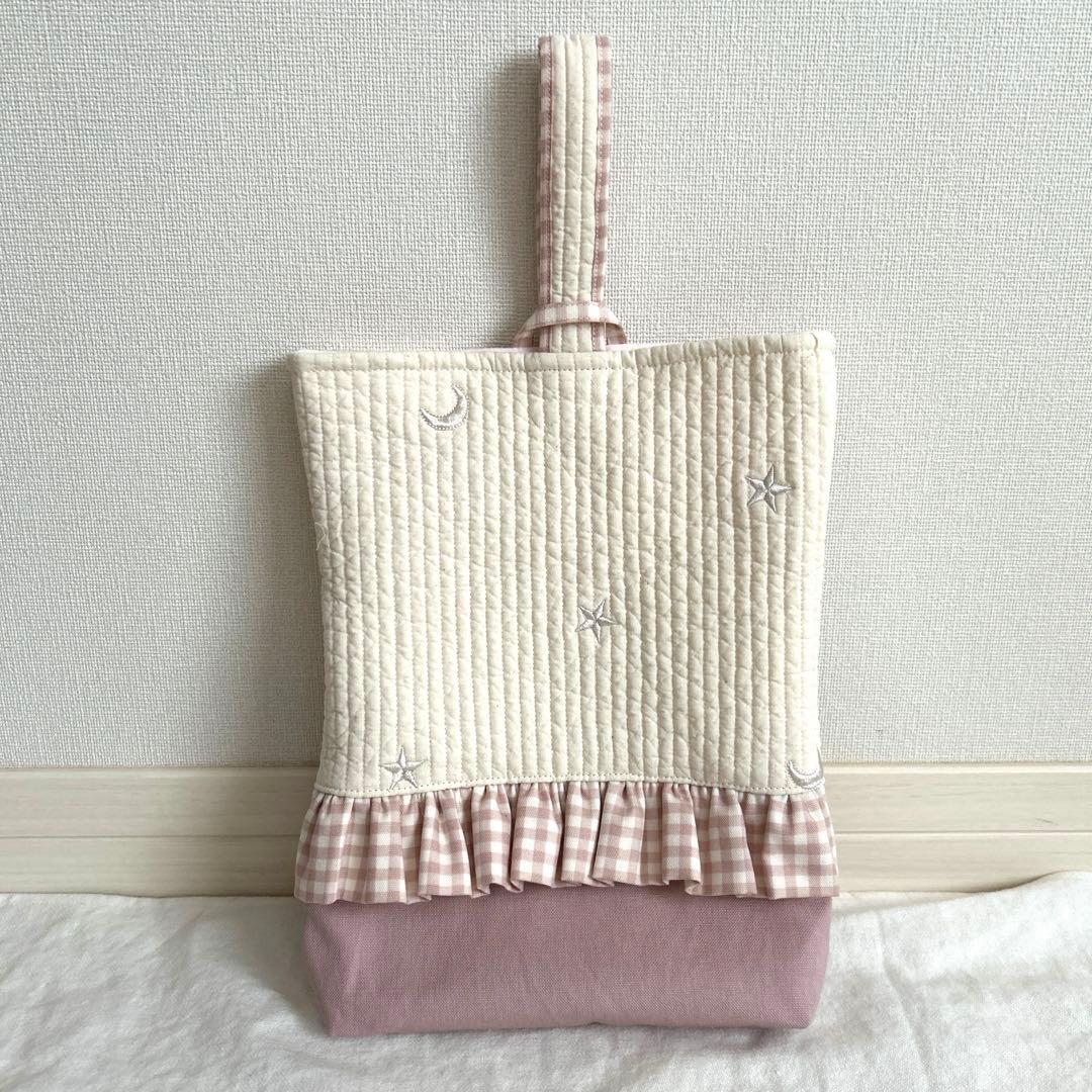 入園入学3点セット　【月と星ヌビ×くすみピンク】　女の子　レッスンバッグ　手提げ