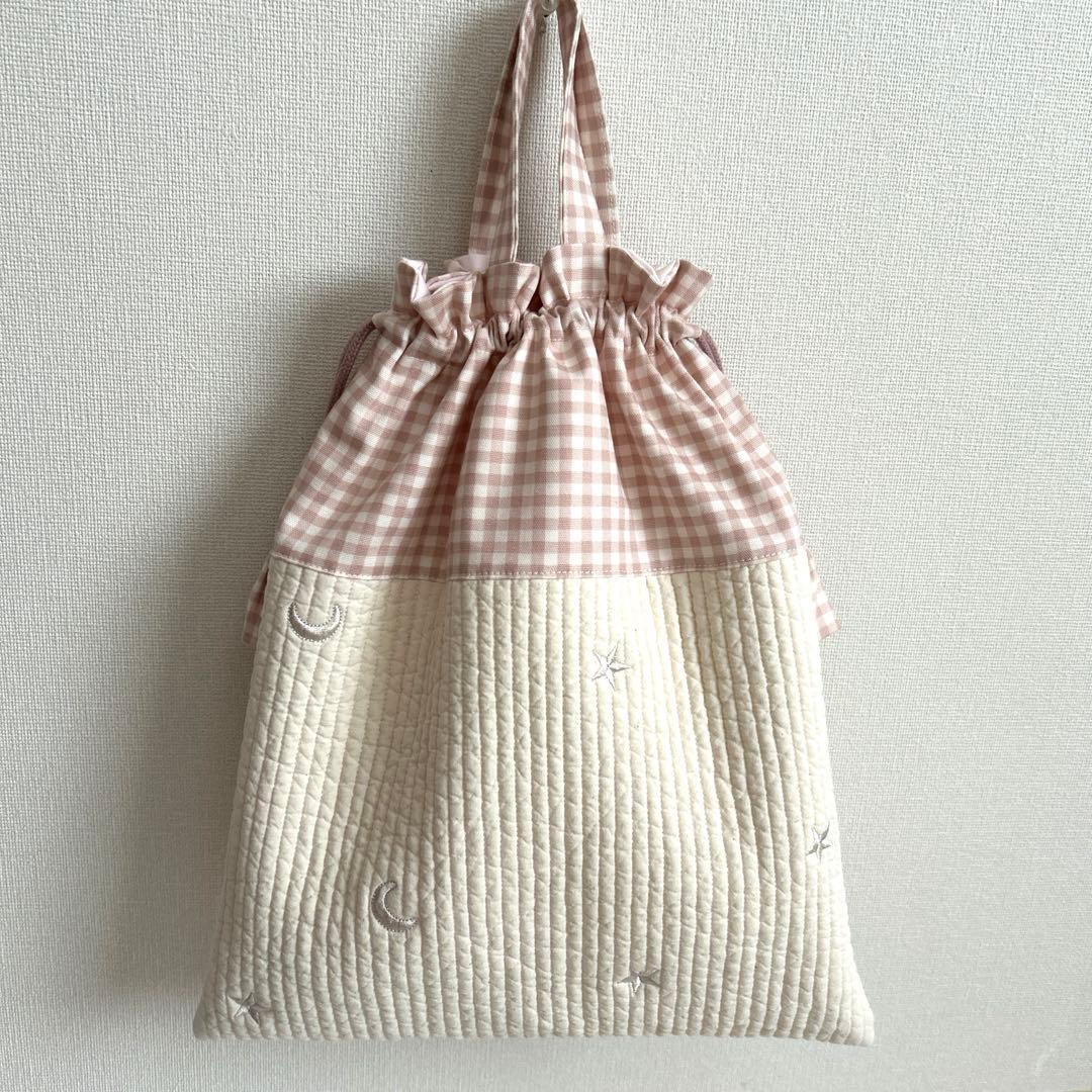 入園入学3点セット　【月と星ヌビ×くすみピンク】　女の子　レッスンバッグ　手提げ