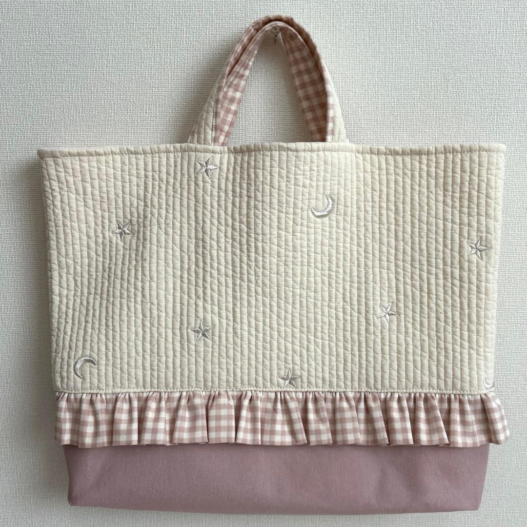 入園入学3点セット　【月と星ヌビ×くすみピンク】　女の子　レッスンバッグ　手提げ