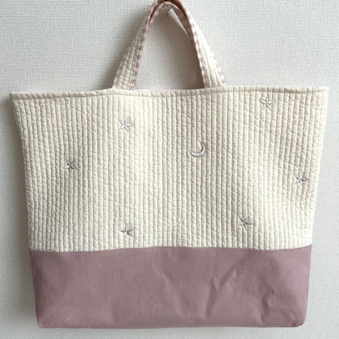 入園入学3点セット　【月と星ヌビ×くすみピンク】　女の子　レッスンバッグ　手提げ