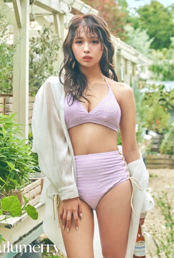 Lulumerry モノグラムバイカラーホルタービキニ 水着 ヘアクリップ付き