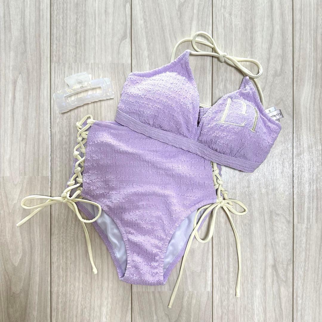 Lulumerry モノグラムバイカラーホルタービキニ 水着 ヘアクリップ付き