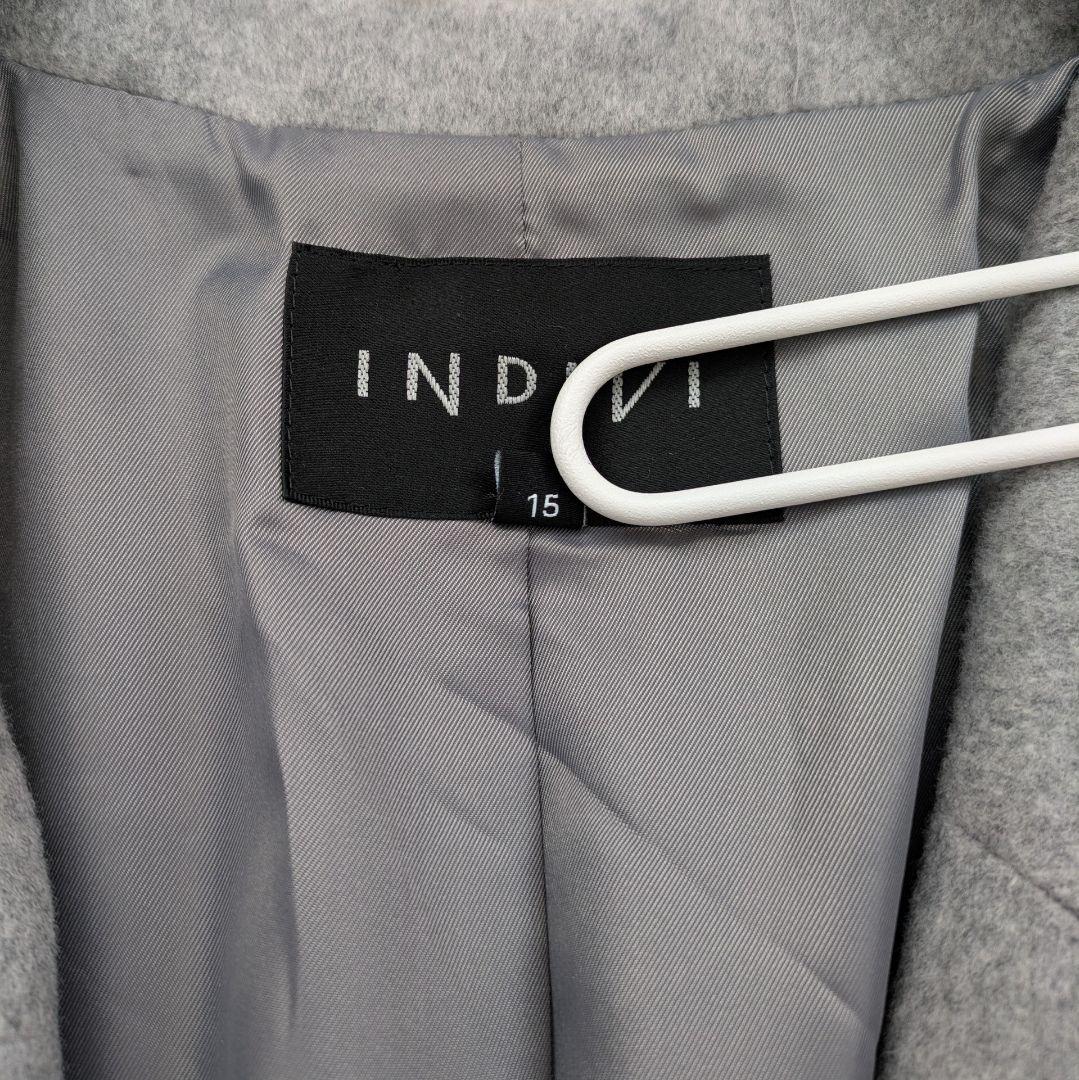 【美品】INDIVI 大きいサイズ ウール100%チェスターコート グレー 15