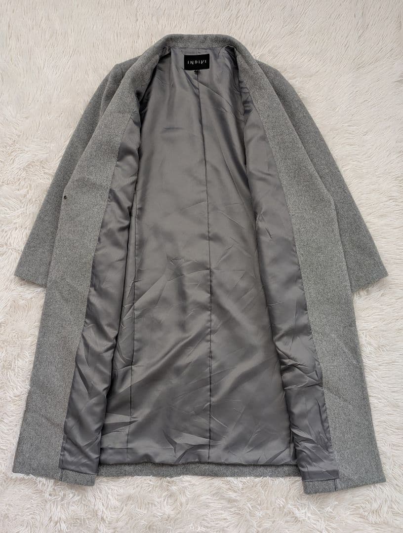 【美品】INDIVI 大きいサイズ ウール100%チェスターコート グレー 15