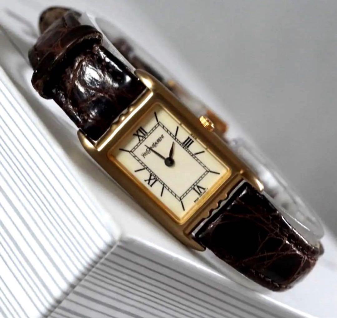 イヴサンローラン YSL レクタンギュラー ローマン 腕時計 クォーツ ゴールド