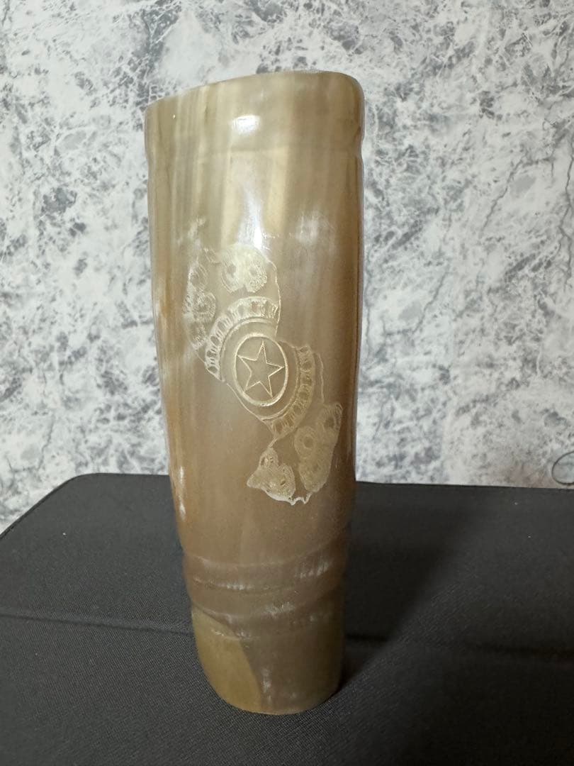 マテ茶カップ 牛角　部分的模様木製茶道具 パラグアイデザイン