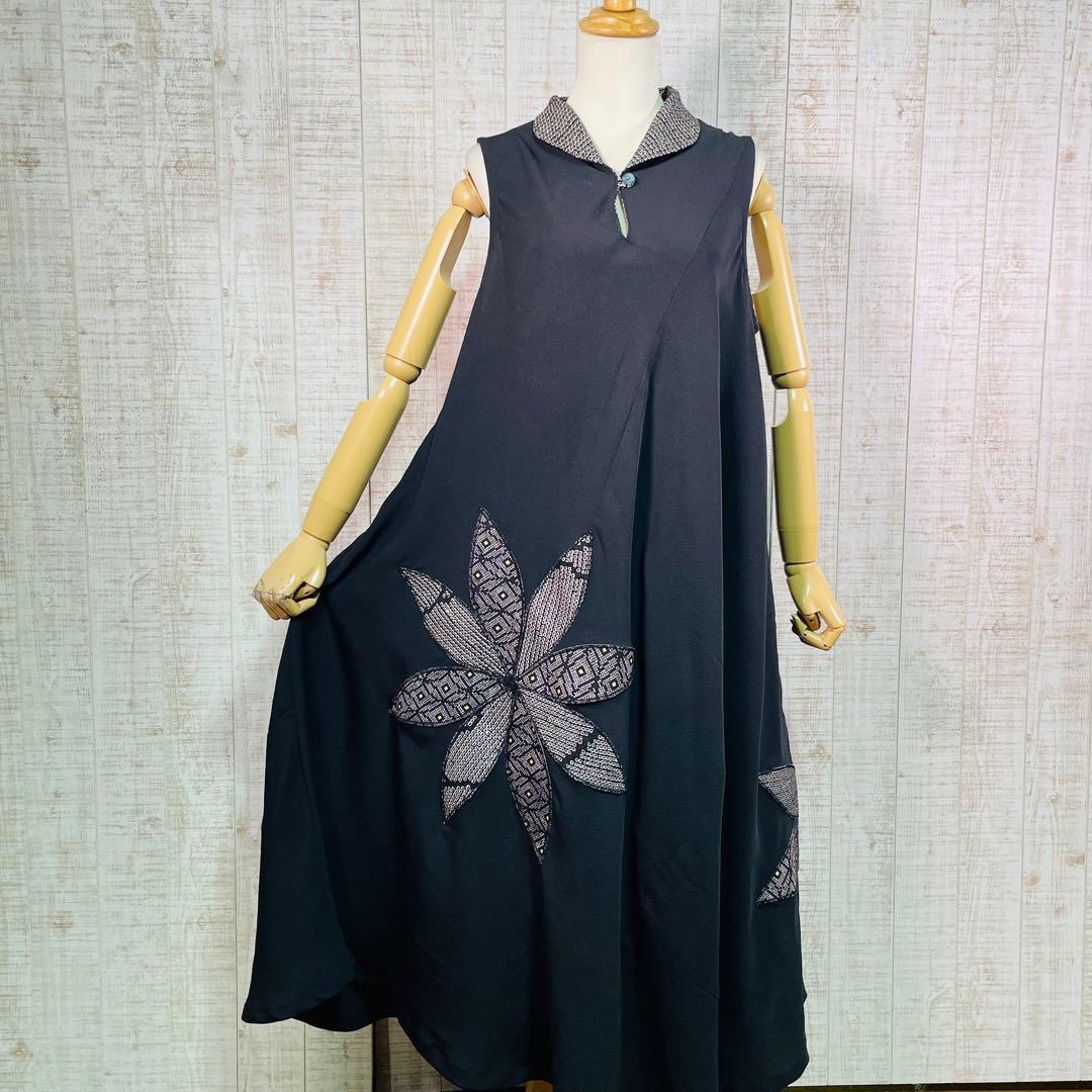 ブラックアンジェラ＊立ち襟ロングテントライン花びらパッチワンピースＬ