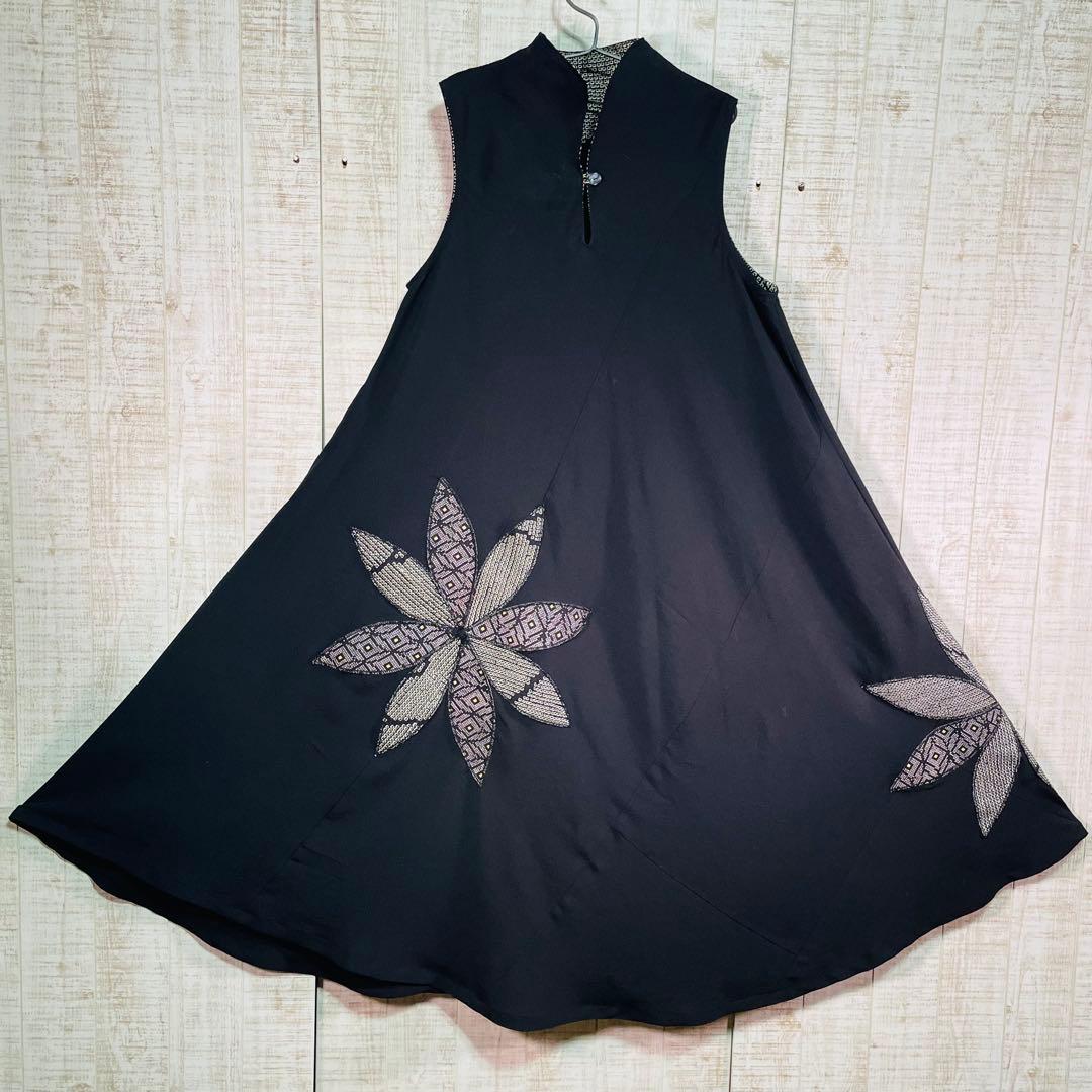 ブラックアンジェラ＊立ち襟ロングテントライン花びらパッチワンピースＬ