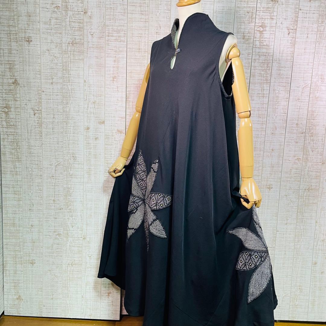 ブラックアンジェラ＊立ち襟ロングテントライン花びらパッチワンピースＬ