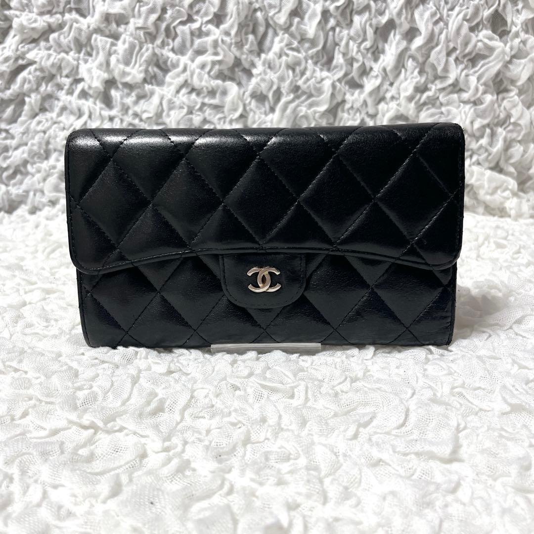 CHANEL マトラッセ シャネル　ココマーク ラムスキン 財布　三つ折り　レザ