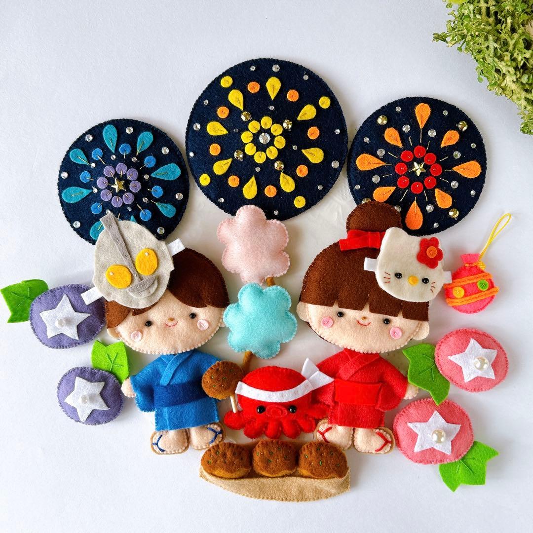 花火と夏祭りのマグネット式タペストリー【フェルトリース】