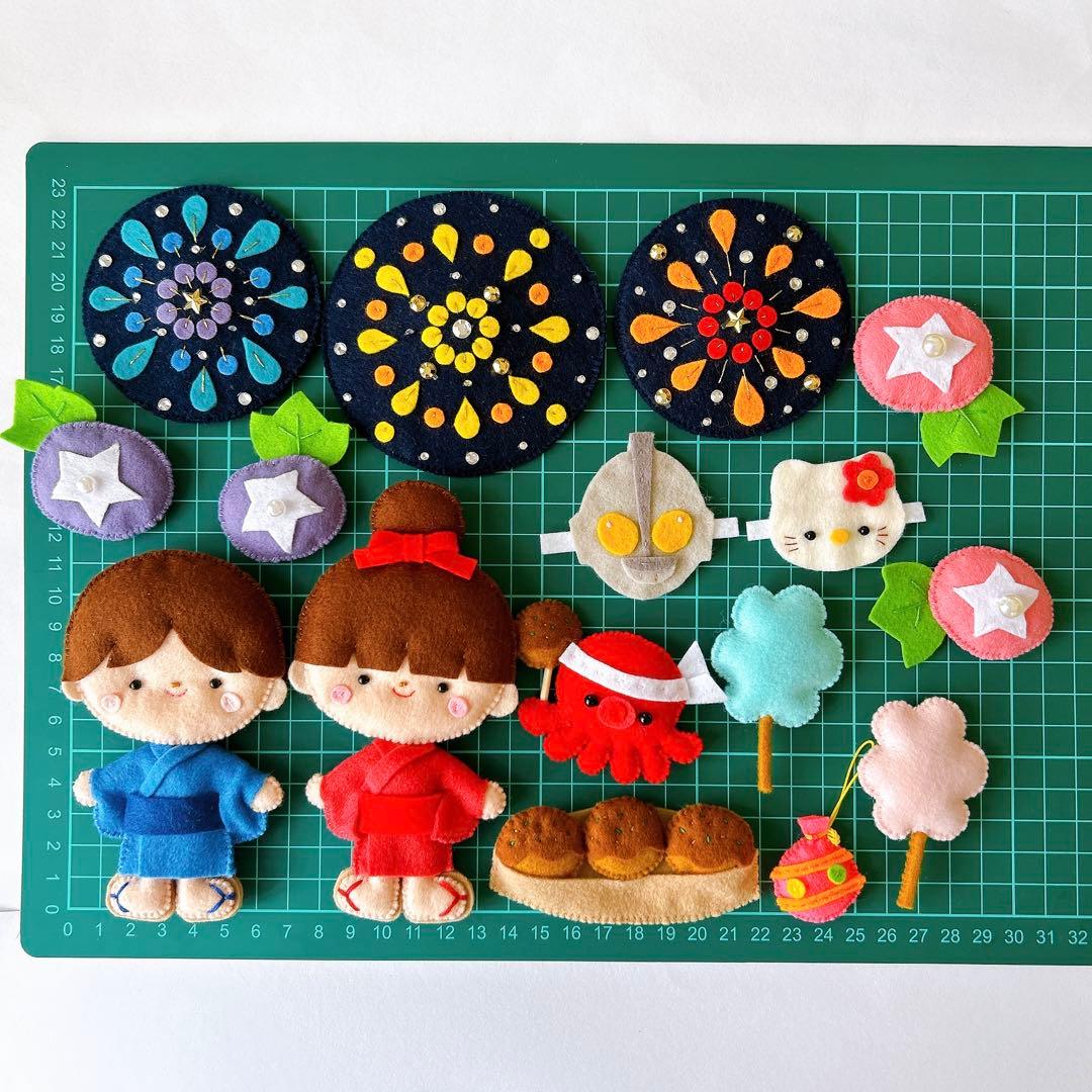 花火と夏祭りのマグネット式タペストリー【フェルトリース】