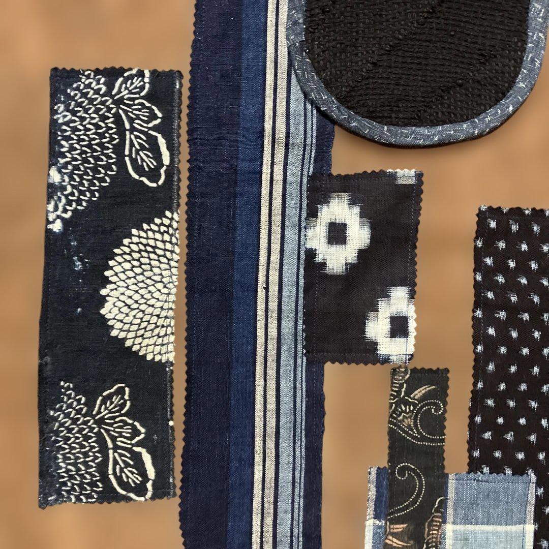 柿渋染め酒袋古布型染め雪ん子格子、縞木綿庄内刺し子ポケットリメイク前掛けエプロン