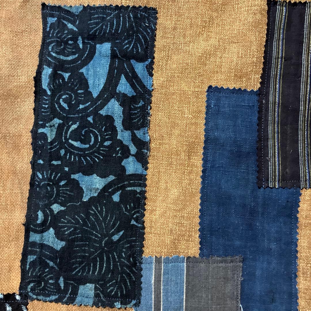 柿渋染め酒袋古布型染め雪ん子格子、縞木綿庄内刺し子ポケットリメイク前掛けエプロン