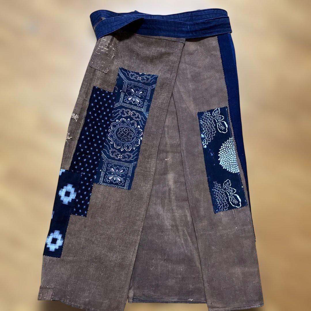 柿渋染め酒袋古布型染め雪ん子格子、縞木綿庄内刺し子ポケットリメイク前掛けエプロン