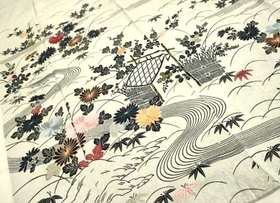 ◆御所解◆京友禅/金駒刺繍/薄グレー特選訪問着 正絹流水風景文/菱健桐壺