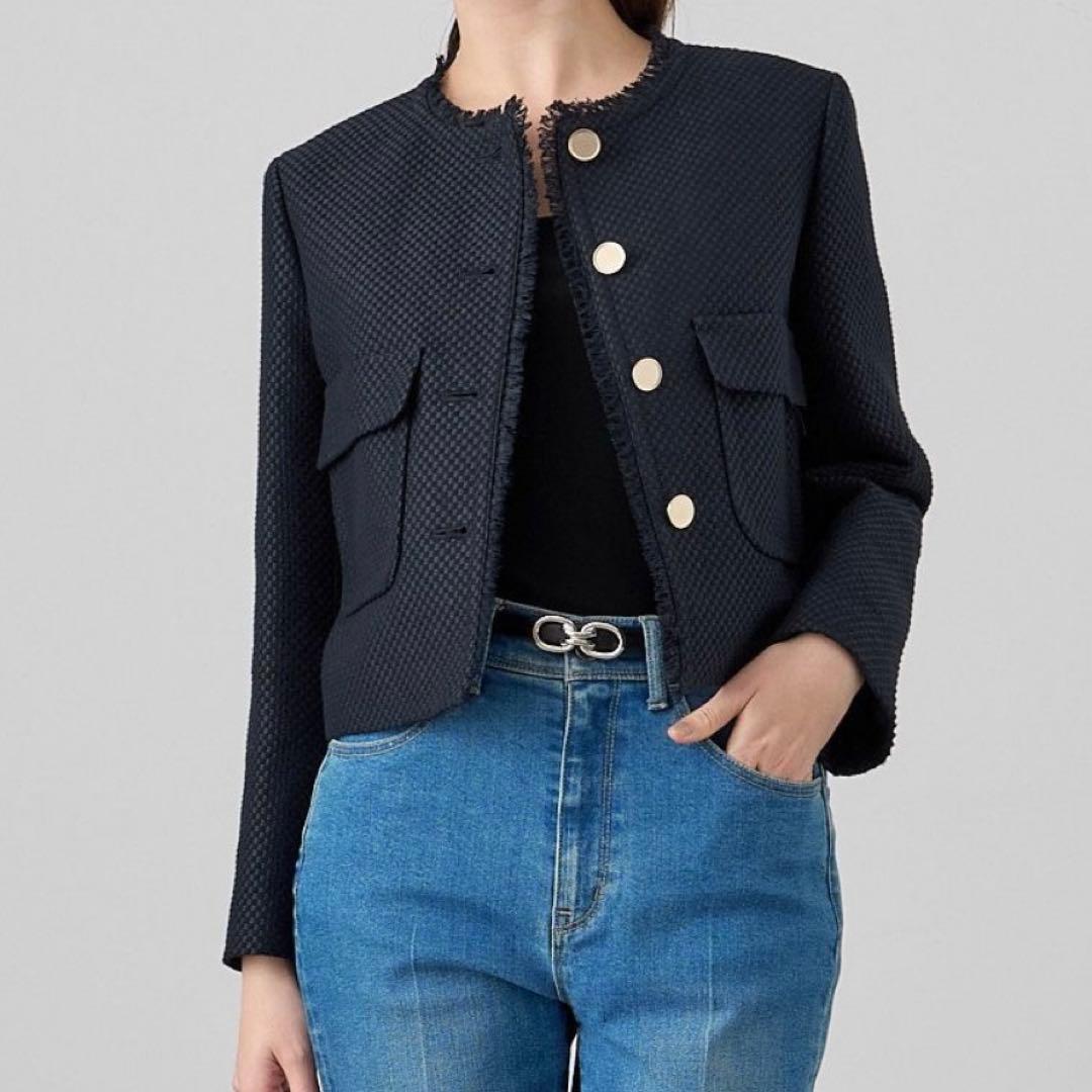 新品タグ付✨アナイ コットンプリペラポケットジャケット ネイビー ノーカラー