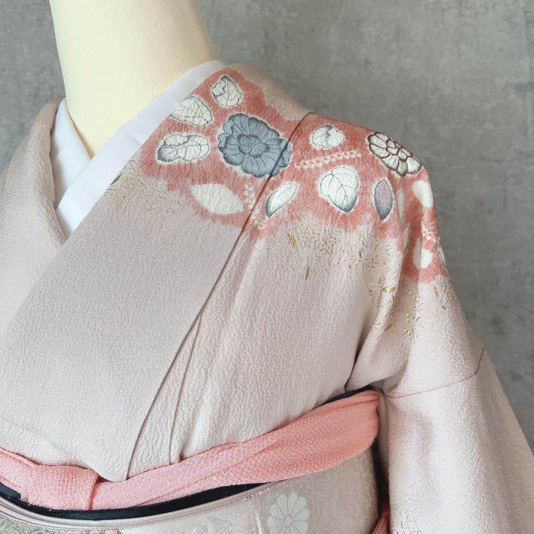 訪問着フルセット　辻が花　着物　正絹　くすみピンク　小さめサイズ