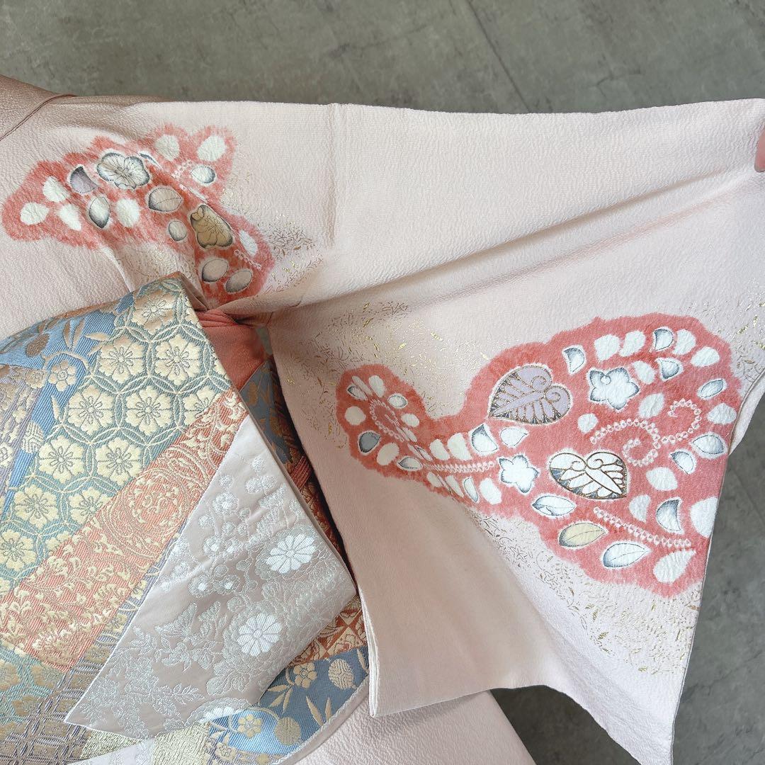 訪問着フルセット　辻が花　着物　正絹　くすみピンク　小さめサイズ