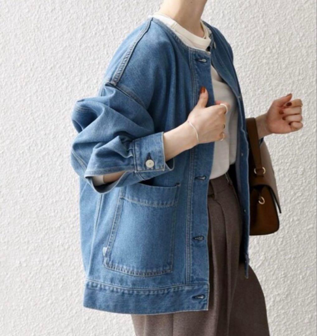 ships any denim シップス　エニィ　ノーカラーデニムブルゾン