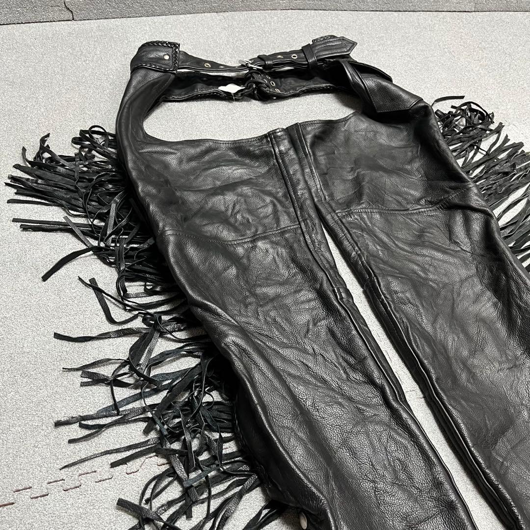 バイカー調 本革ロングフリンジ サイドZIP 裾スナップ S 調整可