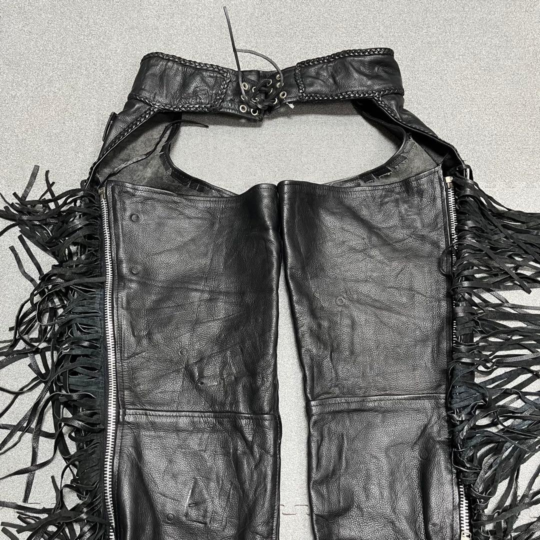バイカー調 本革ロングフリンジ サイドZIP 裾スナップ S 調整可