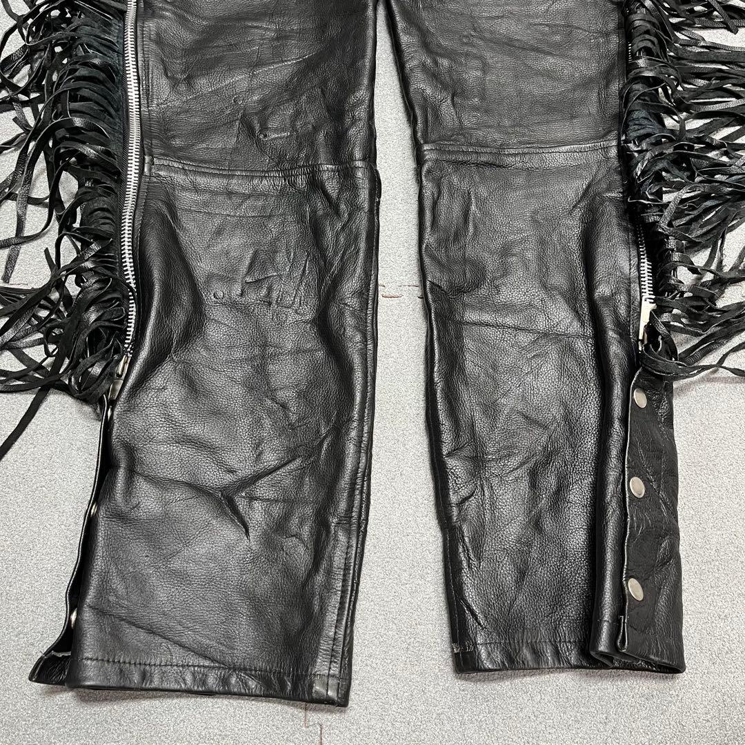 バイカー調 本革ロングフリンジ サイドZIP 裾スナップ S 調整可