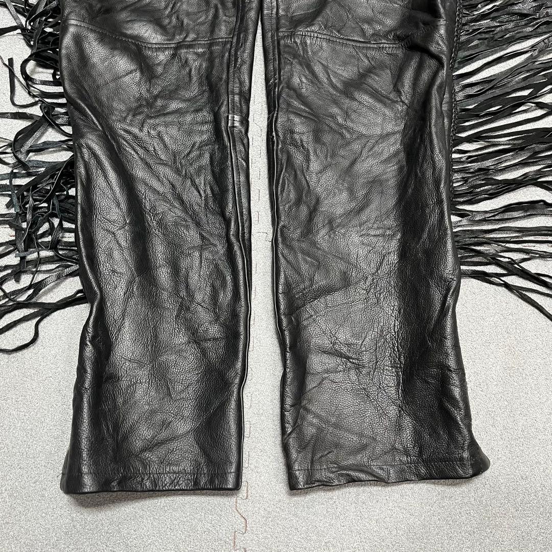 バイカー調 本革ロングフリンジ サイドZIP 裾スナップ S 調整可