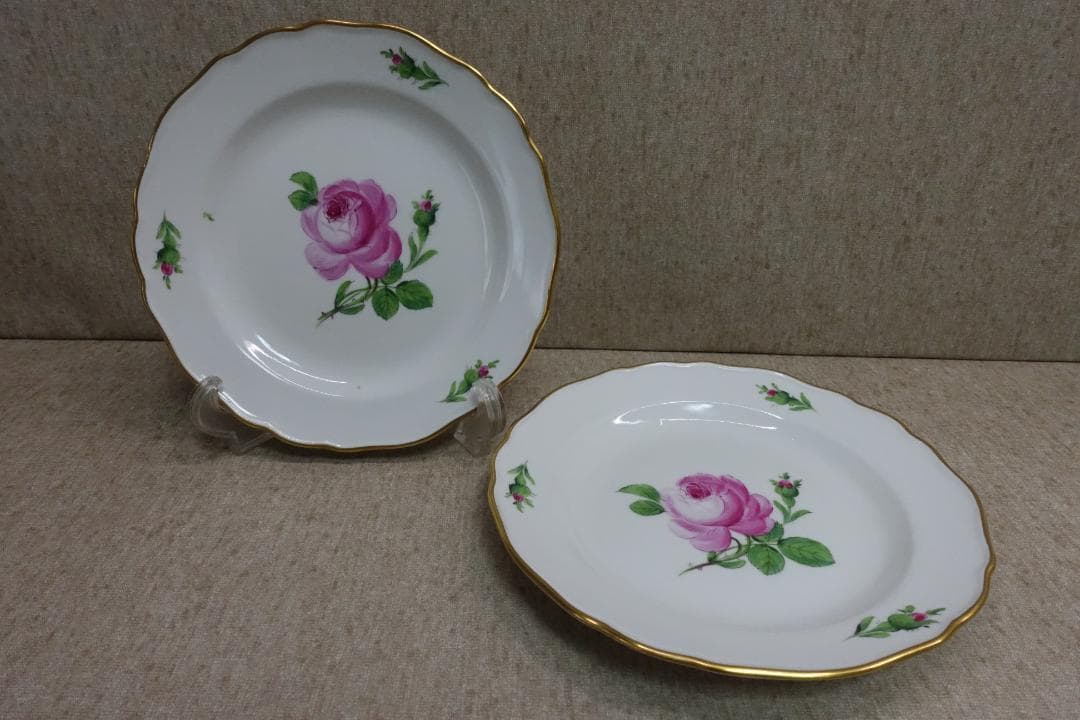 マイセン ピンクローズ 金彩プレート ペア スクラッチ