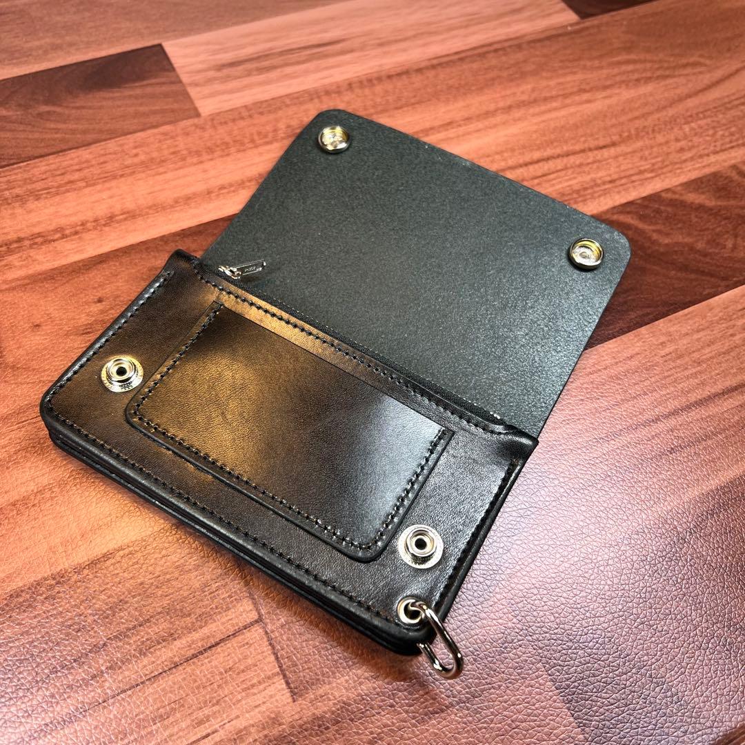 【トラッカーウォレットミドル 3層】ブラック 北米ステア シルバー YKK