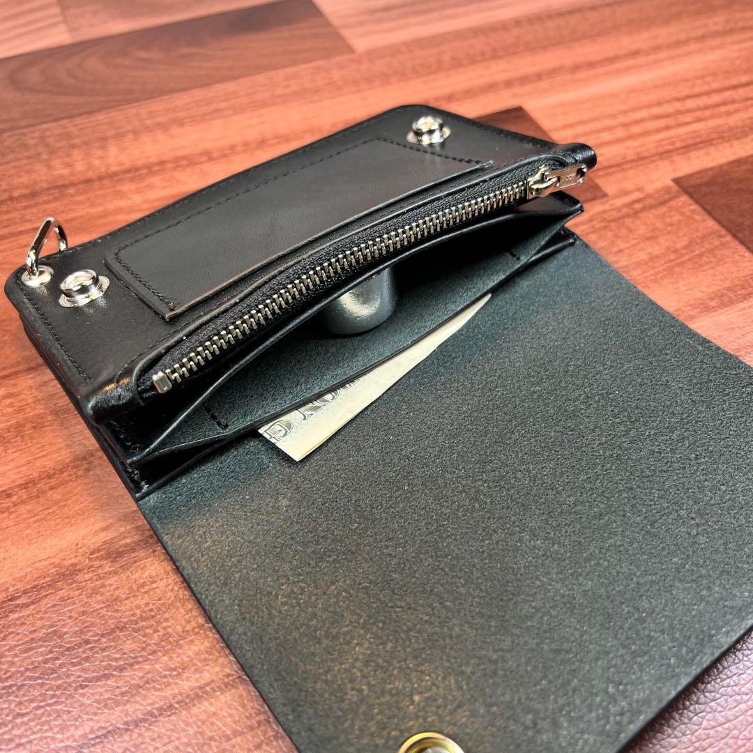 【トラッカーウォレットミドル 3層】ブラック 北米ステア シルバー YKK