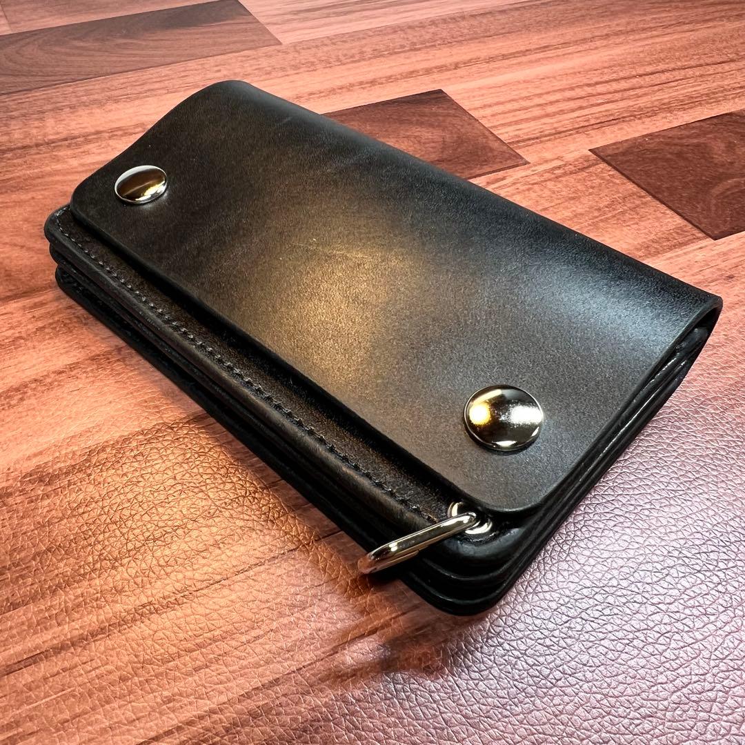 【トラッカーウォレットミドル 3層】ブラック 北米ステア シルバー YKK