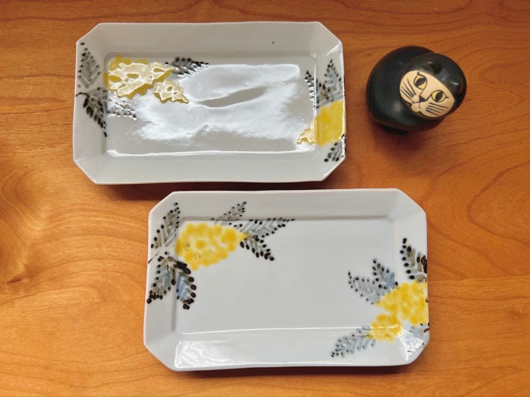 九谷焼 九谷青窯 横井佳乃 色絵ミモザ 隅切長皿 くたにせいよう