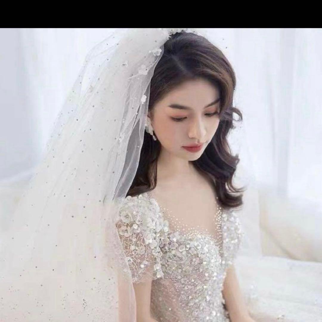 Aラインキラキラ韓国風ウェディングドレス