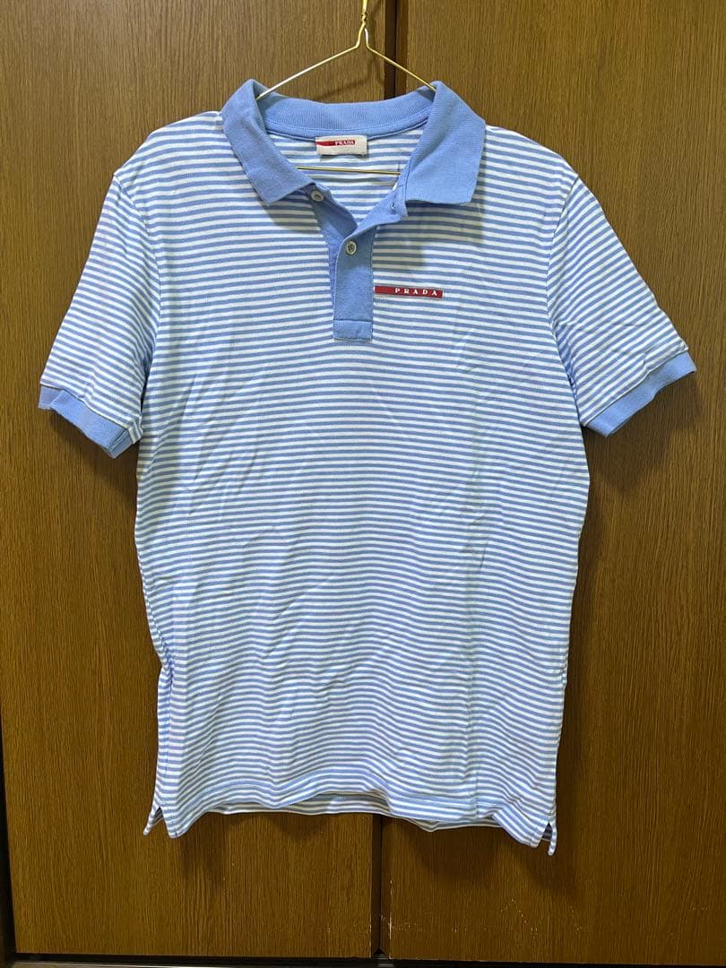 PRADA 青と白のストライプ ポロシャツ